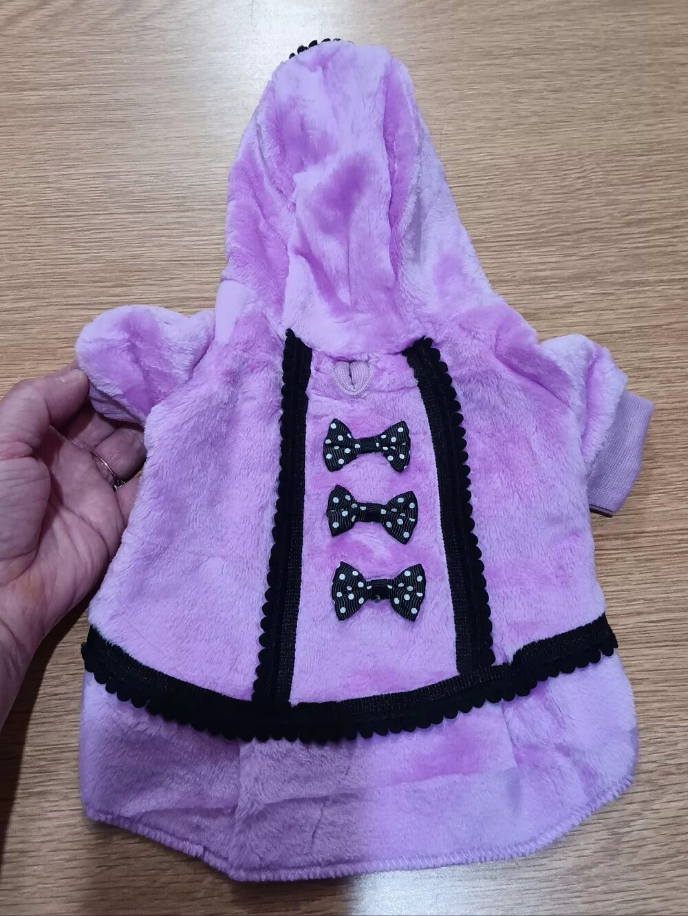 Lavender Plush Pet Hoodie with Black Polka Dot Bows